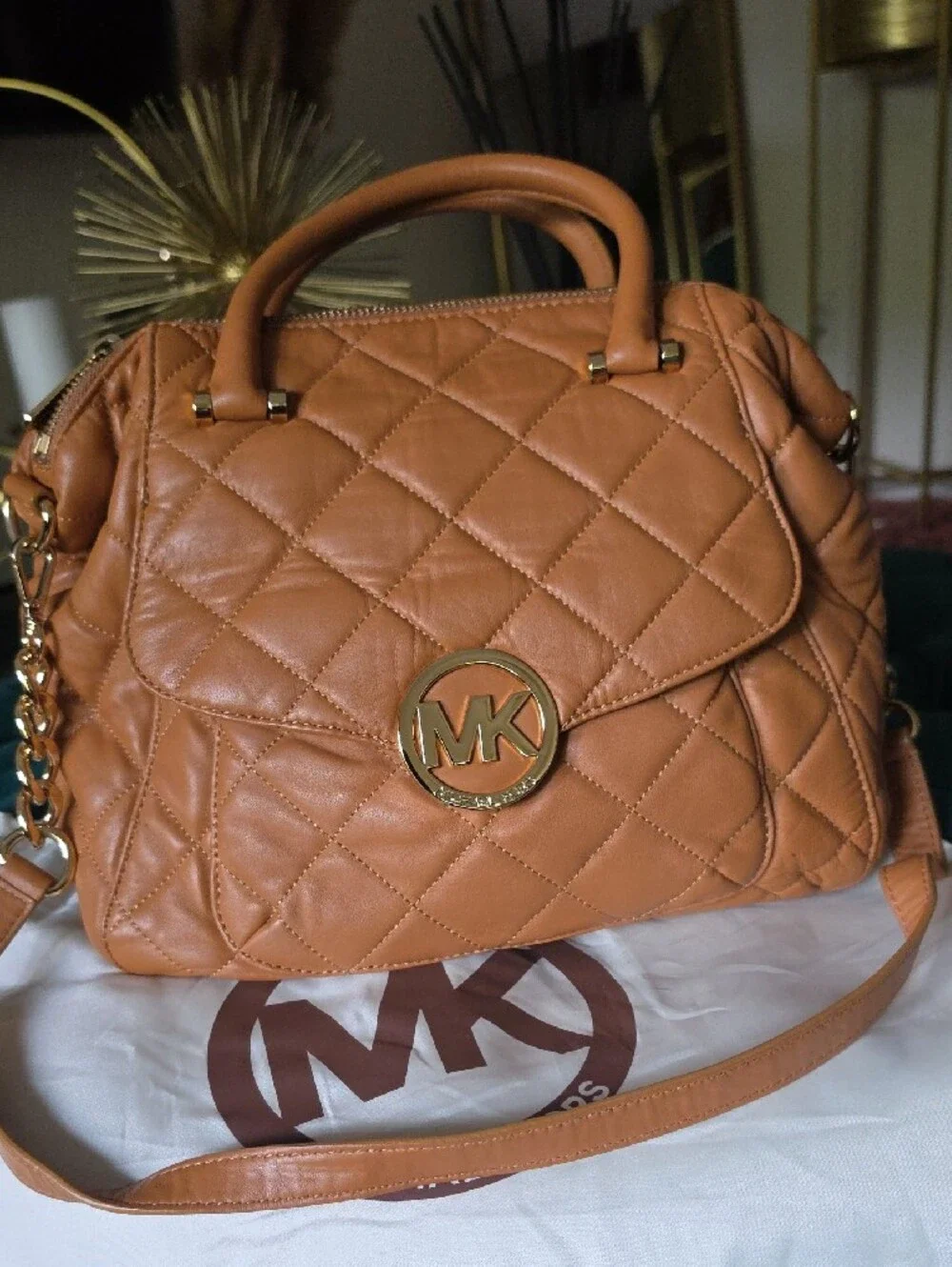 Michael Kors Quilted Satchel in Cognac Tan with Gold Hardware.